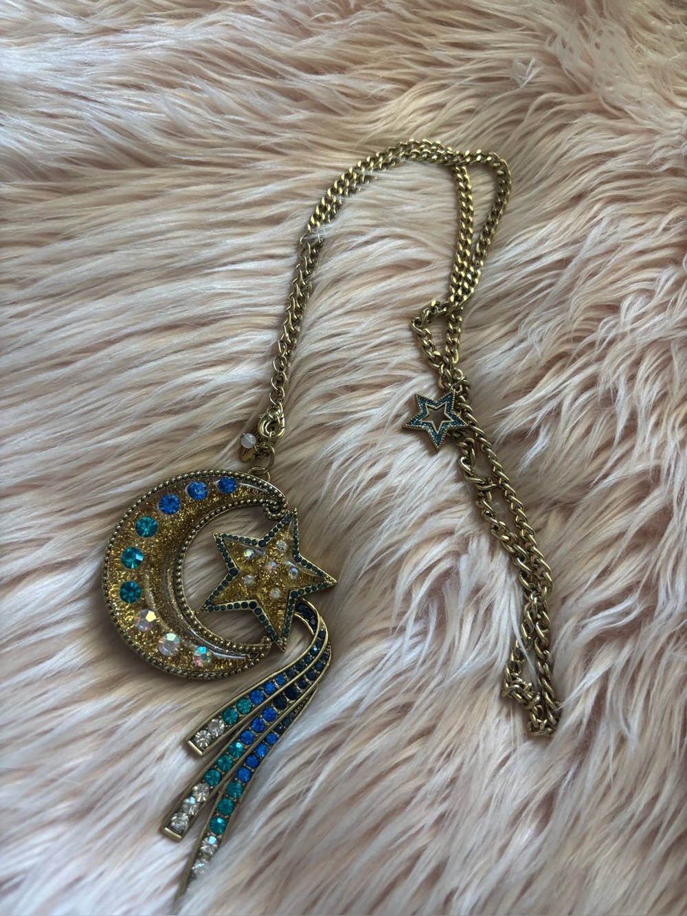 Gold-tone Crescent Moon and Star Pendant Necklace with Blue Accents